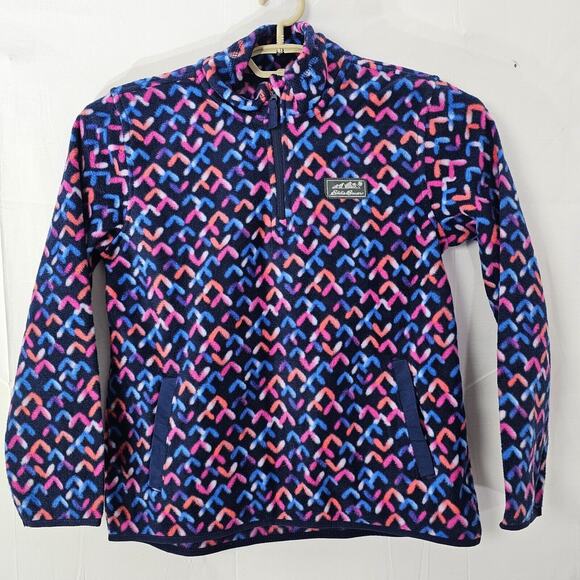 Eddie Bauer Youth Kids Quest Fleece 1/4 Zip Pullover Blue Printed Geometric Sz L - Picture 1 of 12